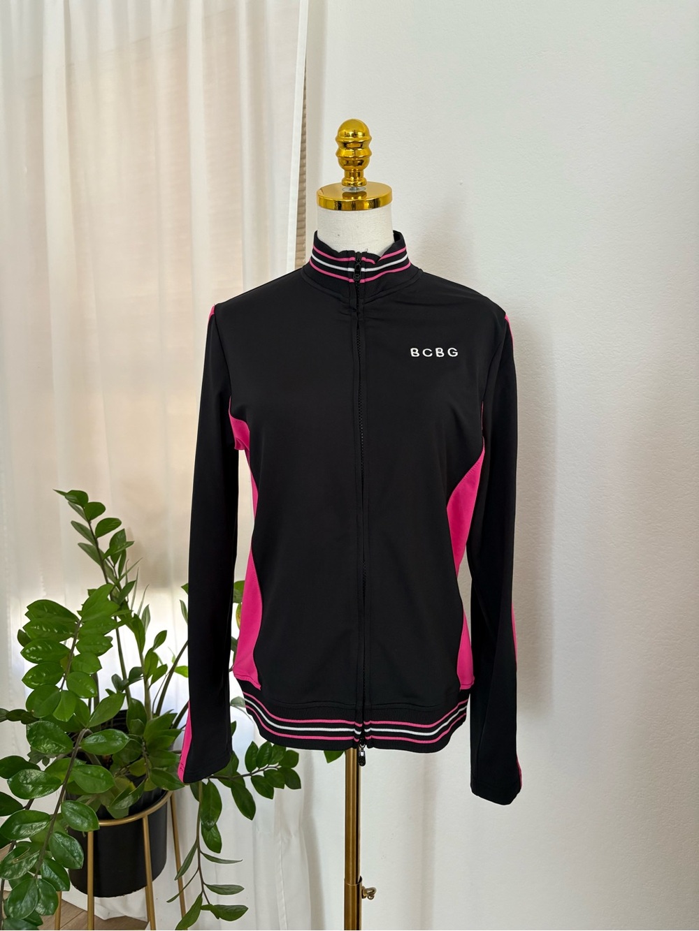 BCBG Black and Hot Pink Zip-Front Bomber Jacket